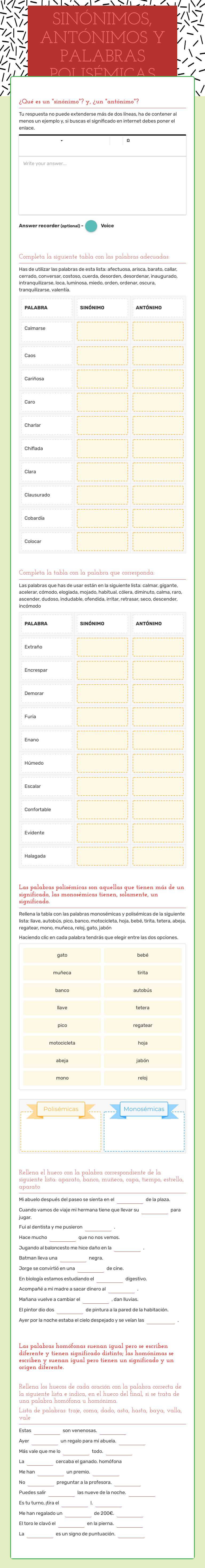 SINÓNIMOS, ANTÓNIMOS Y PALABRAS POLISÉMICAS worksheet preview image