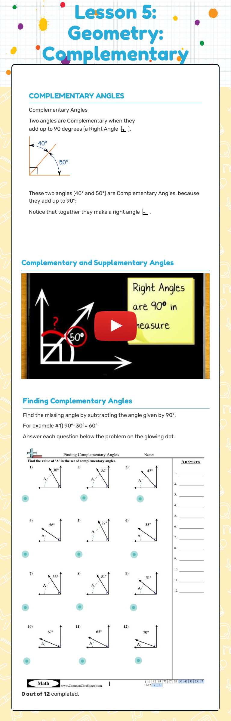 Lesson 5: Geometry: Complementary Angles worksheet preview image