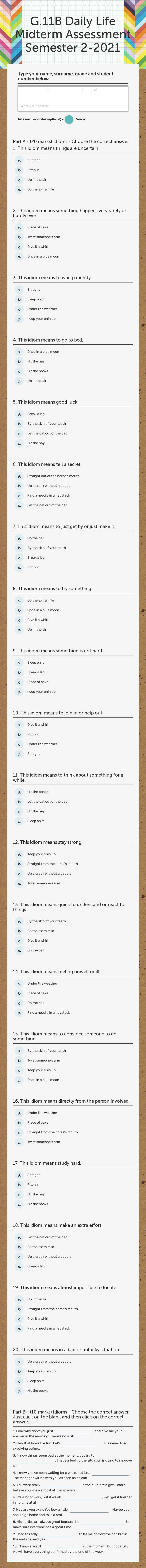 G.11B Daily Life Midterm Assessment Semester 2-2021 worksheet preview
