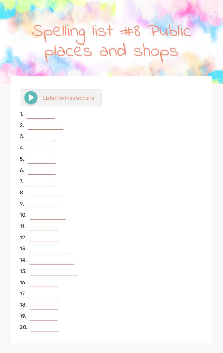 Spelling list #8            Public places and shops worksheet preview image
