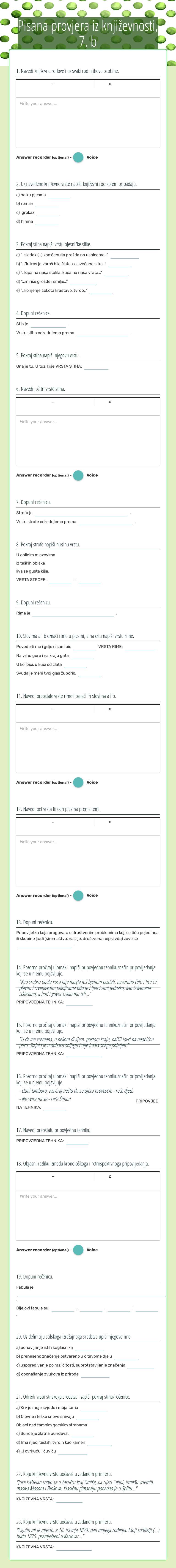 Pisana provjera iz književnosti, 7. b Grade 7 worksheet preview