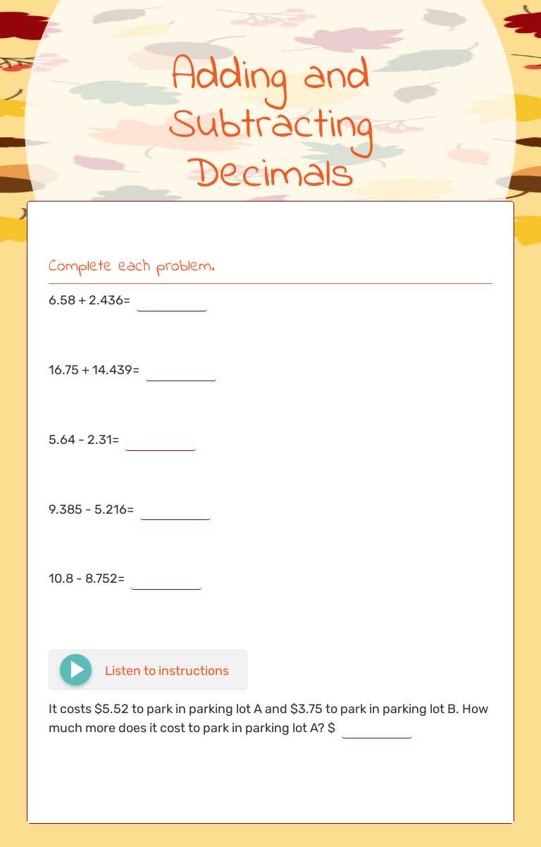 Adding and Subtracting Decimals worksheet preview image