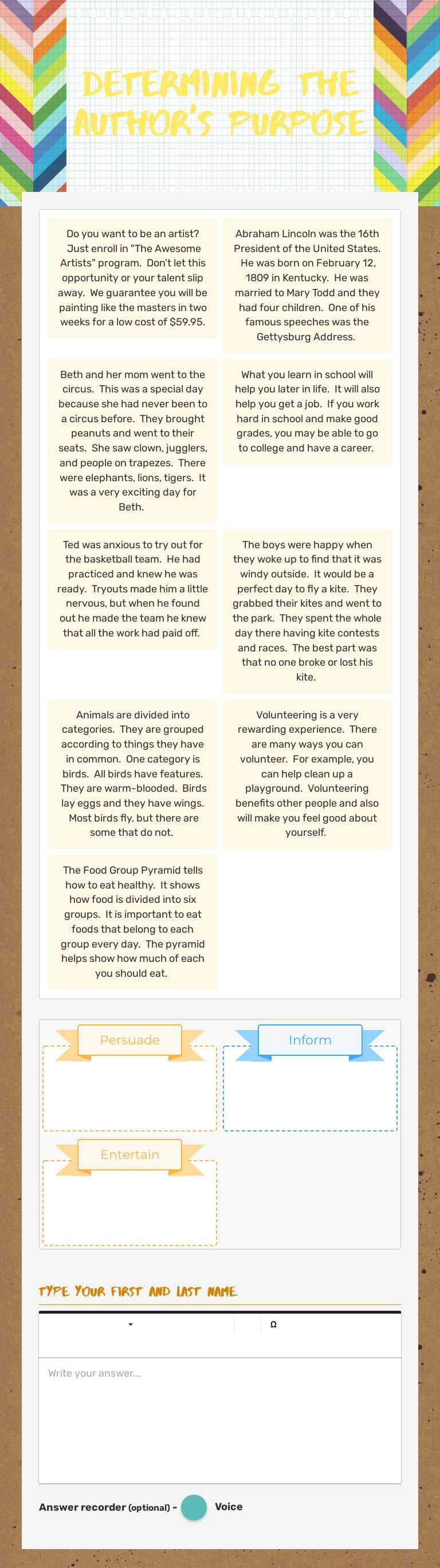 Determining the author's purpose Grade 3 worksheet preview