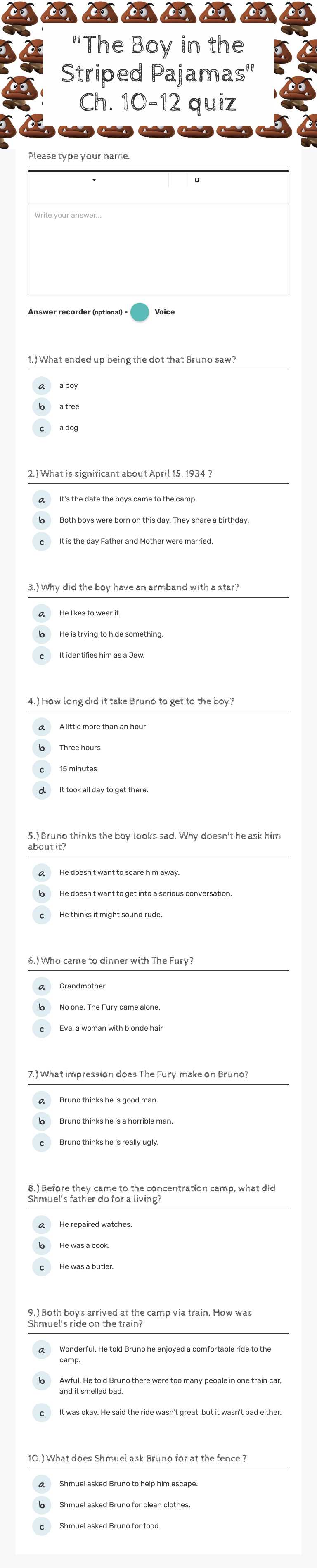"The Boy in the Striped Pajamas" Ch. 10-12 quiz Grade 7 worksheet preview
