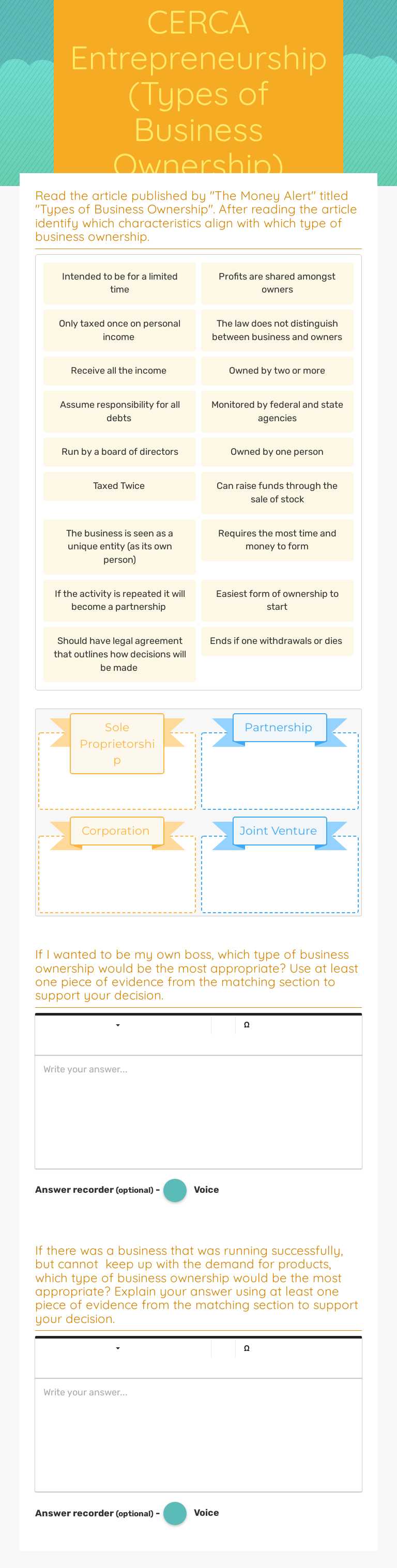 CERCA Entrepreneurship (Types of Business Ownership) worksheet preview image