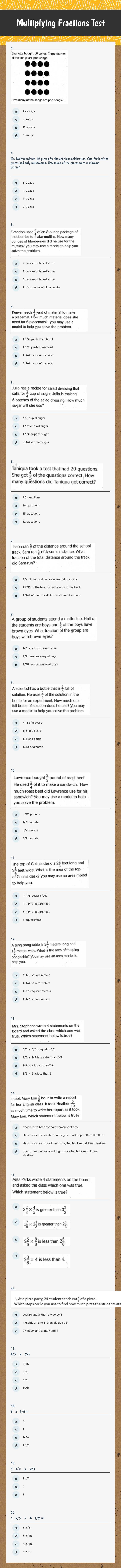 Multiplying Fractions Test Grade 5 worksheet preview