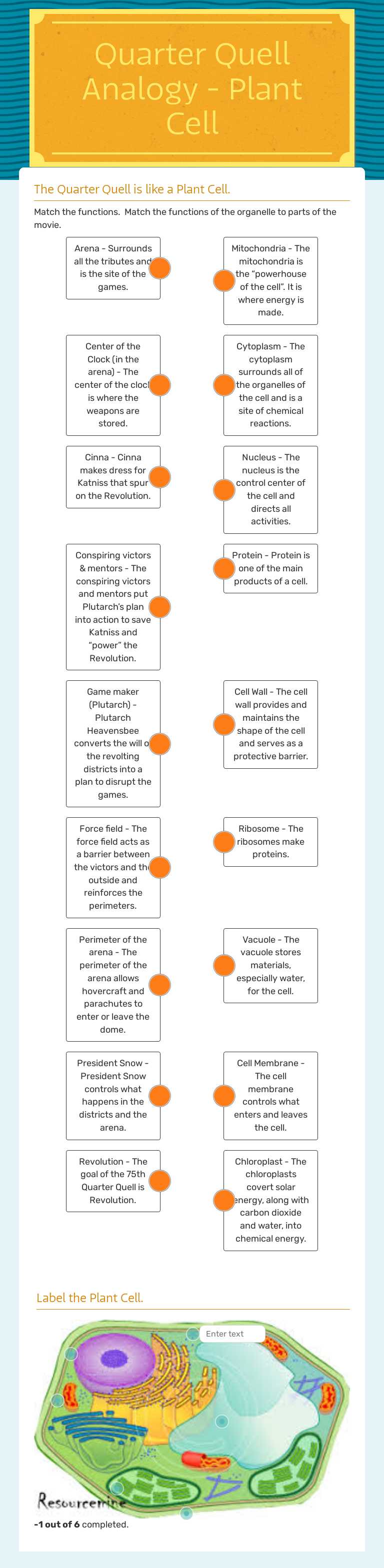 Quarter Quell Analogy - Plant Cell worksheet preview image