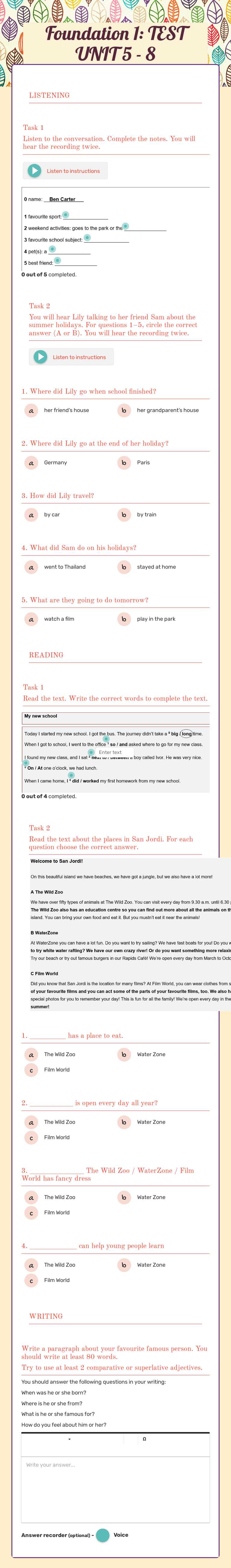 Foundation 1: TEST UNIT 5 - 8 worksheet preview image