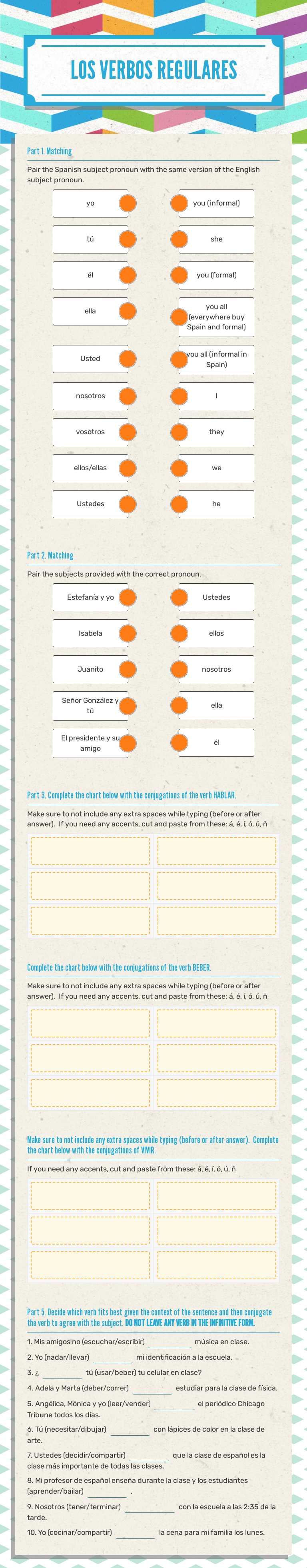 LOS VERBOS REGULARES worksheet preview image