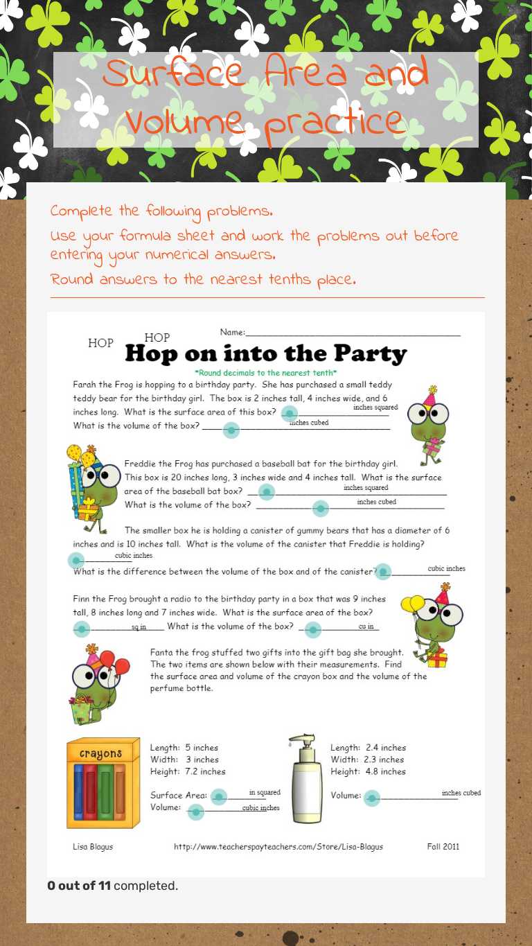 Surface Area and Volume practice worksheet preview image