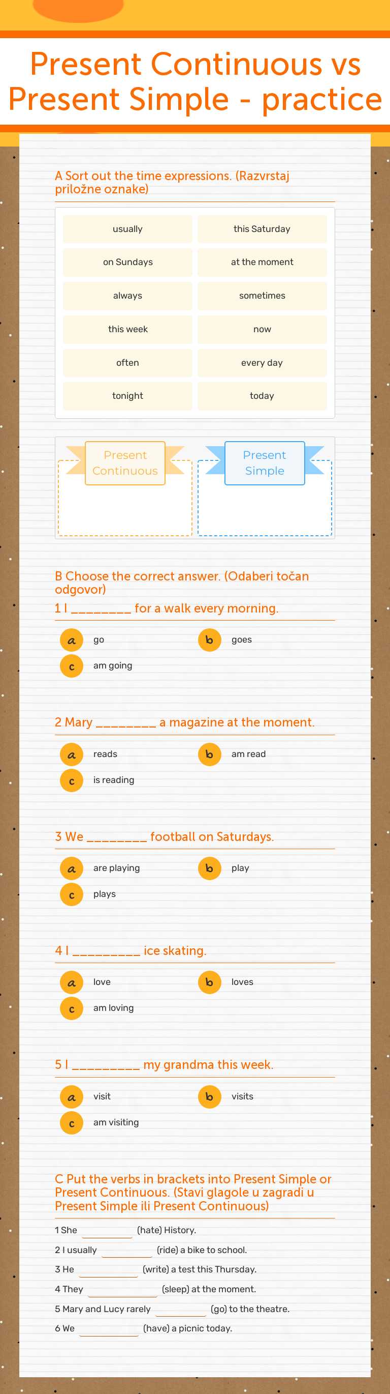 Present Continuous vs Present Simple - practice worksheet preview image