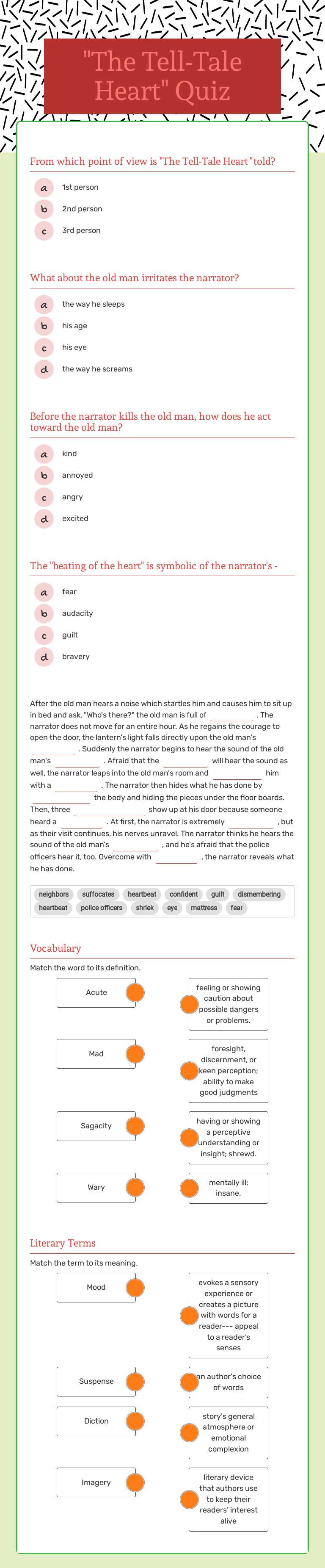 "The Tell-Tale Heart" Quiz worksheet preview image
