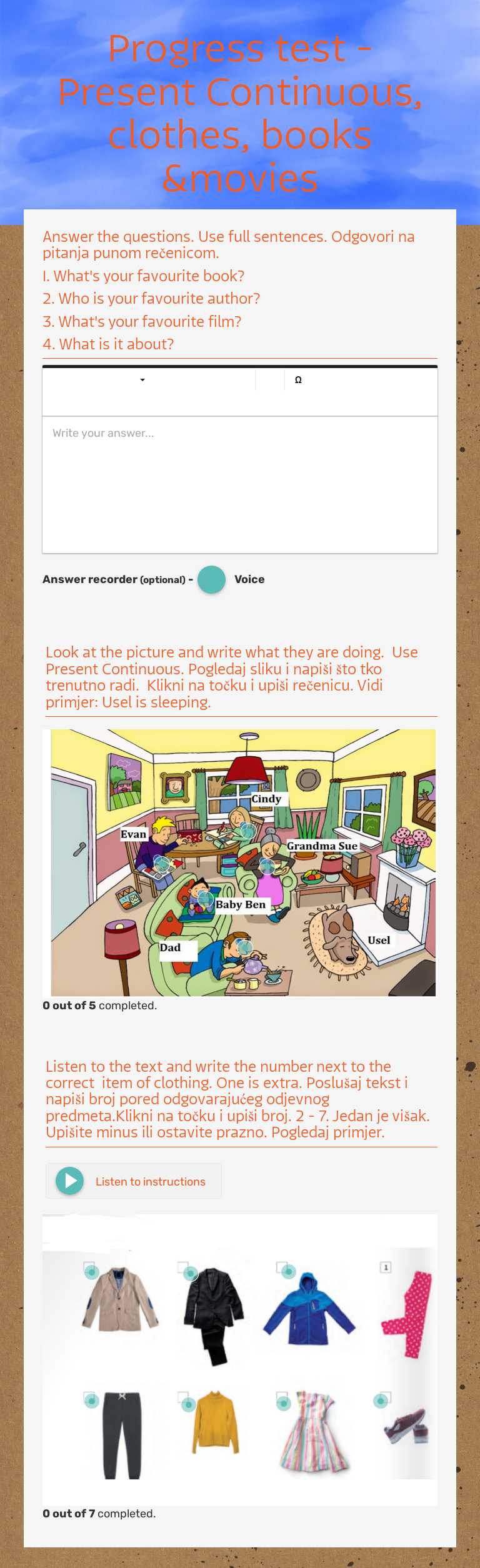 Progress test - Present Continuous,  clothes, books &movies worksheet preview image