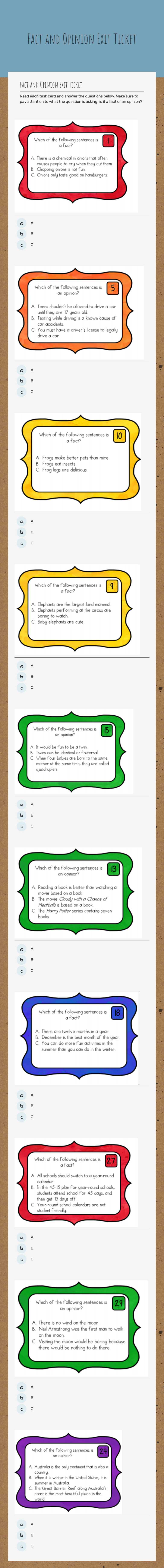 Fact and Opinion Exit Ticket worksheet preview image