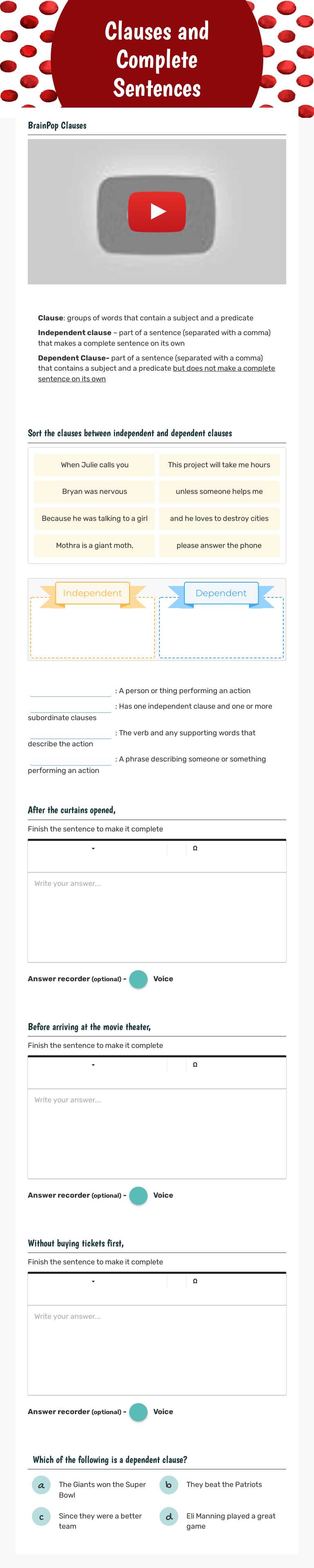 Clauses and Complete Sentences Grade 4 worksheet preview