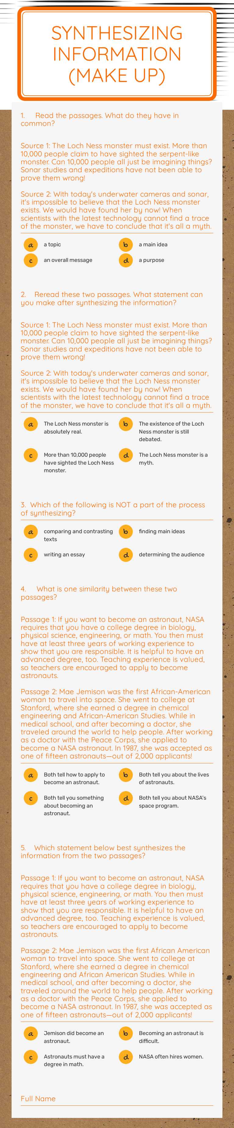 Synthesizing Information (make up) Grade 8 worksheet preview