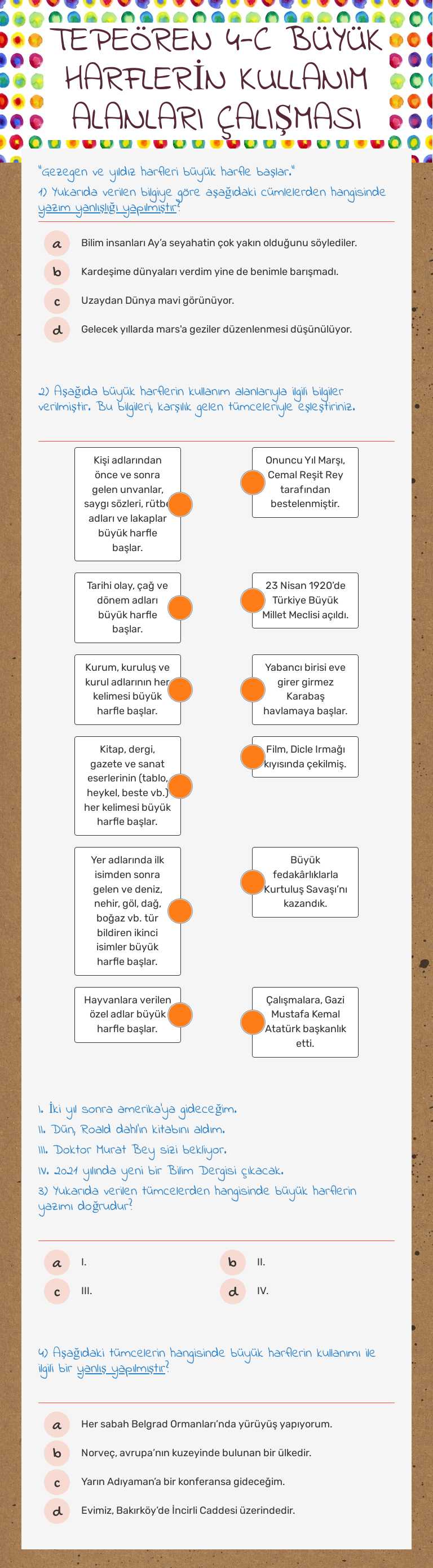 TEPEÖREN 4-C BÜYÜK HARFLERİN KULLANIM ALANLARI  ÇALIŞMASI worksheet preview image