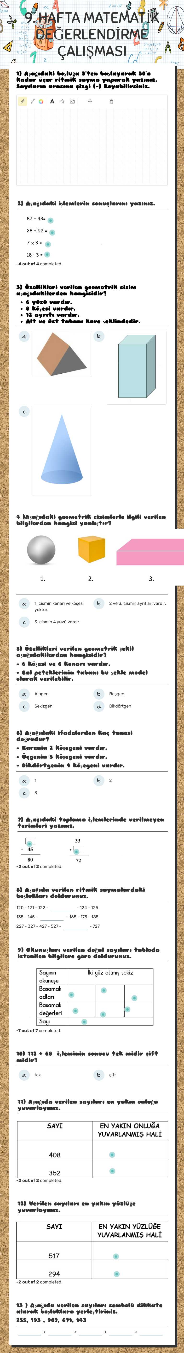 9. HAFTA MATEMATİK DEĞERLENDİRME ÇALIŞMASI Grade 3 worksheet preview