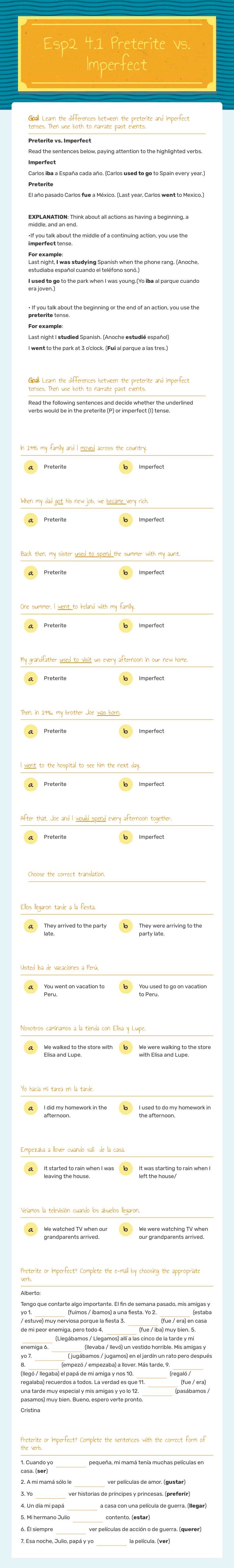 Esp2 4.1 Preterite vs. Imperfect worksheet preview image