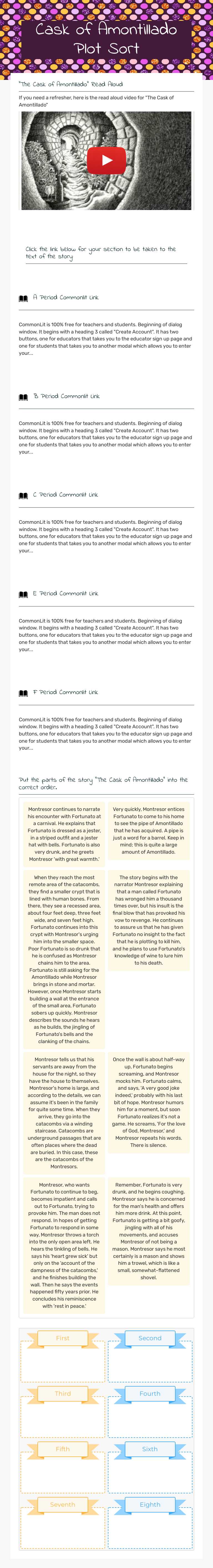 Cask of Amontillado Plot Sort worksheet preview image