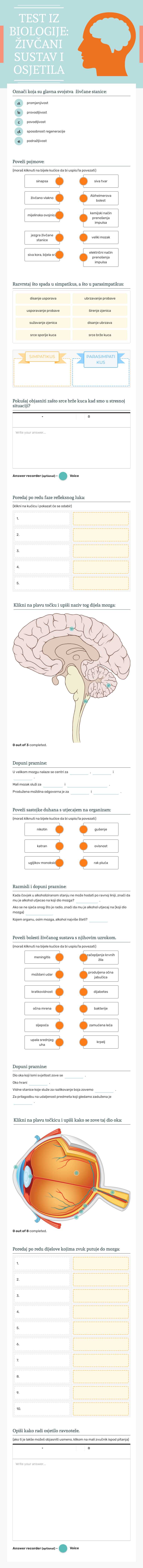 TEST IZ BIOLOGIJE:
ŽIVČANI SUSTAV I OSJETILA worksheet preview image