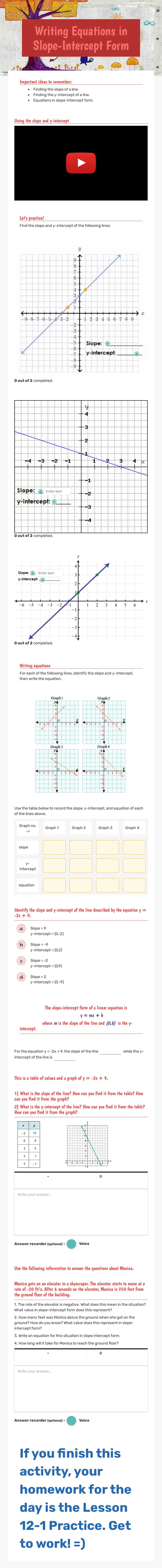 Writing Equations in        Slope-Intercept Form Grade 7 worksheet preview
