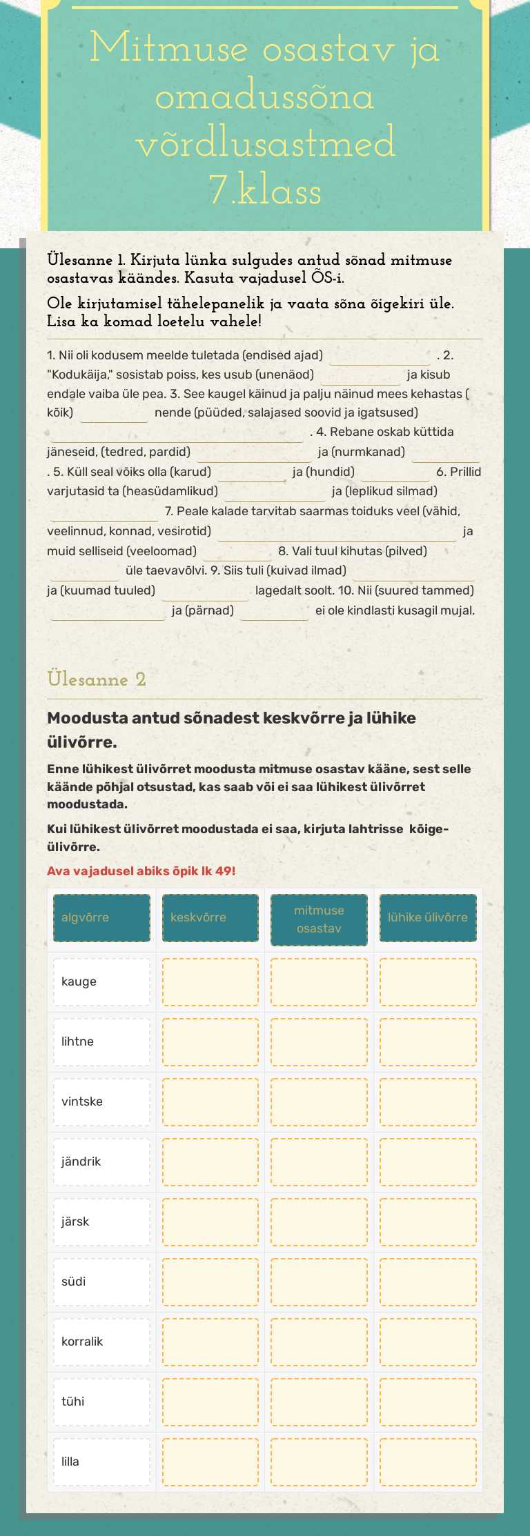 Mitmuse osastav ja omadussõna võrdlusastmed  7.klass worksheet preview image