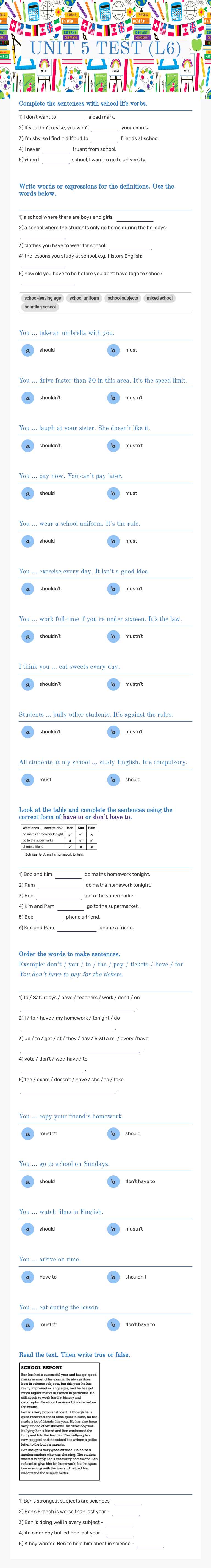 UNIT 5 TEST (L6) worksheet preview image