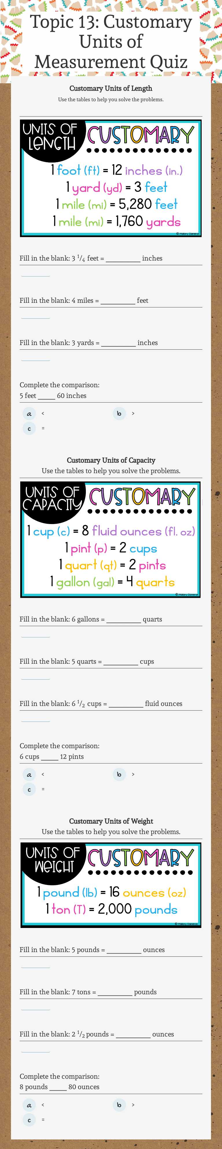Topic 13: Customary Units of Measurement Quiz worksheet preview image