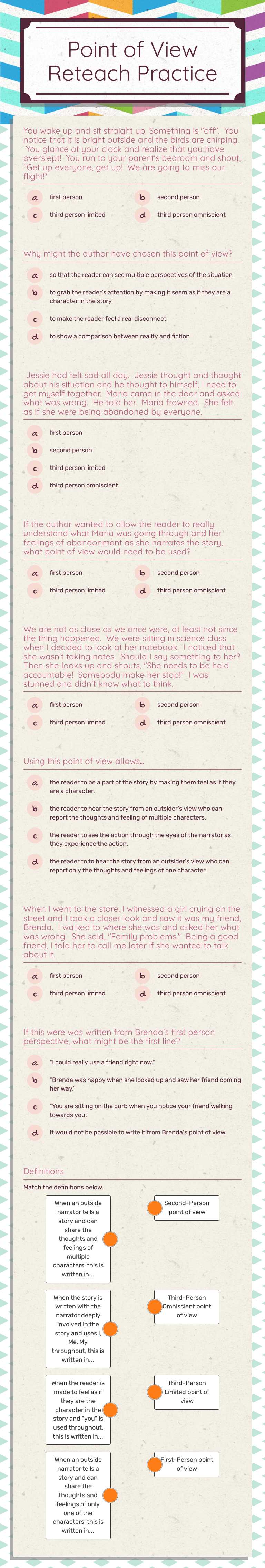 Point of View Reteach Practice worksheet preview image
