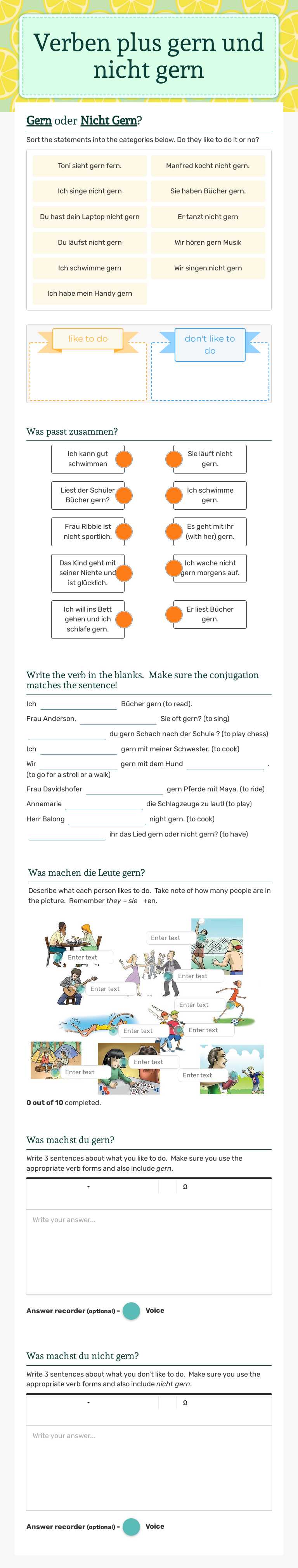 Verben plus gern und nicht gern worksheet preview image