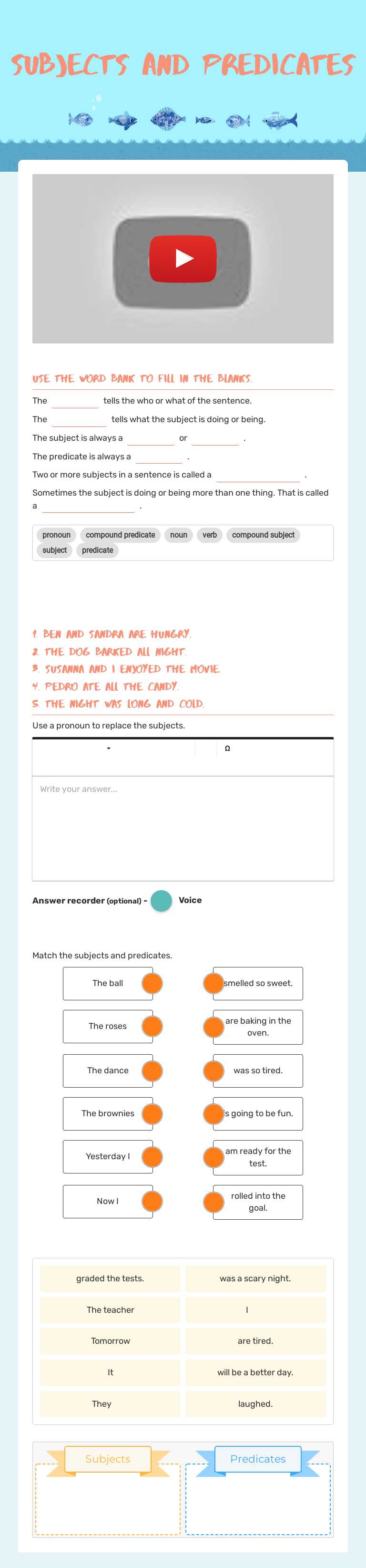SUBJECTS AND pREDICATES worksheet preview image