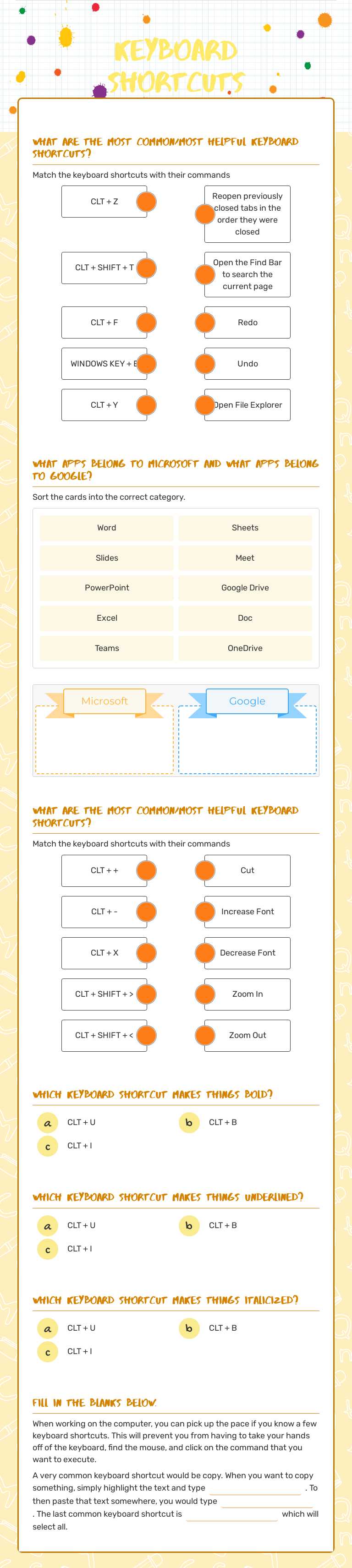 Keyboard Shortcuts by Nicole Domingues | Interactive Worksheet | Wizer.me