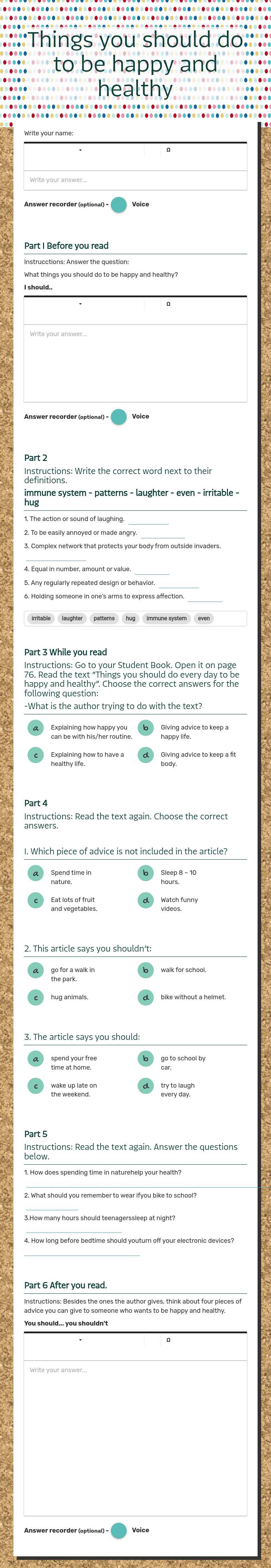 Things you should do to be happy and healthy worksheet preview image