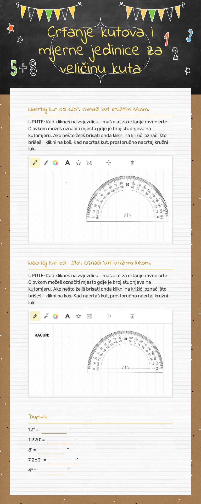 Crtanje kutova i mjerne jedinice za veličinu kuta worksheet preview image