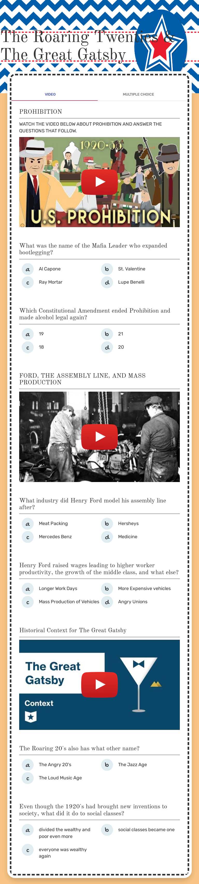 The Roaring Twenties &          
      The Great Gatsby worksheet preview image