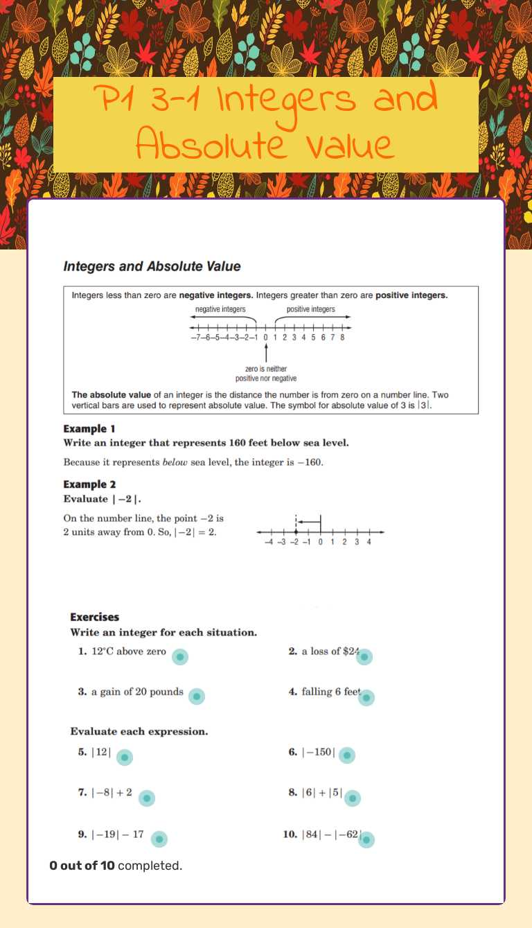 P1 3-1 Integers and Absolute Value worksheet preview image