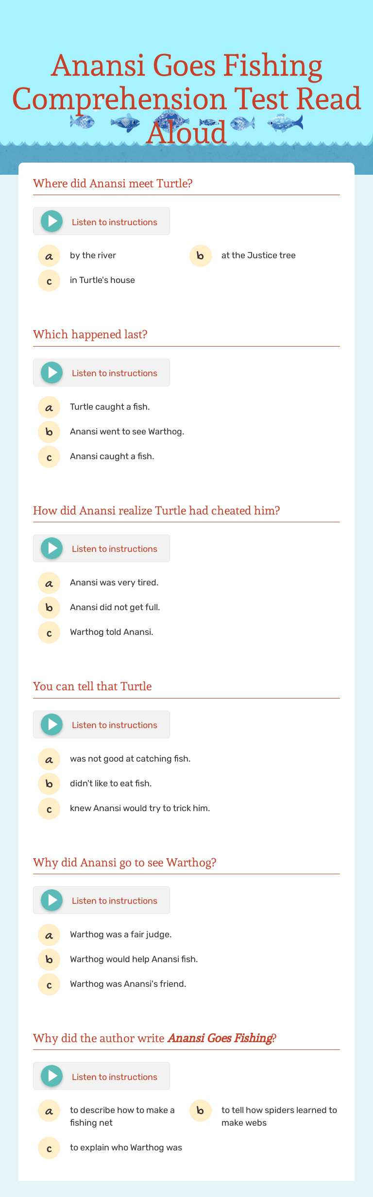 Anansi Goes Fishing Comprehension Test Read Aloud worksheet preview