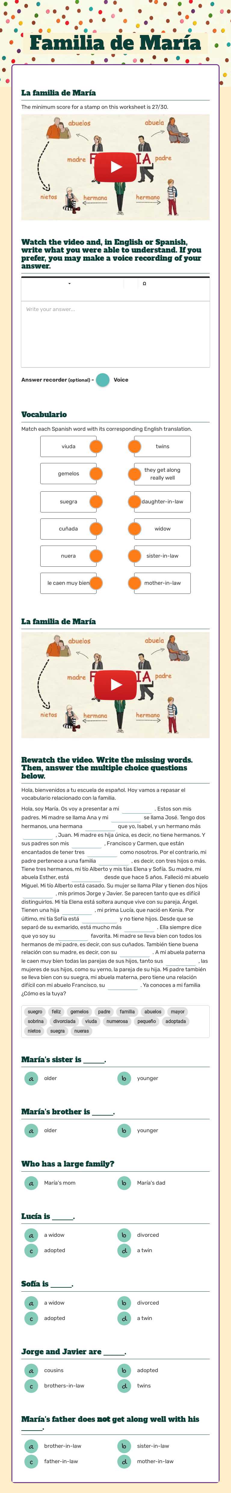 Familia de María worksheet preview image