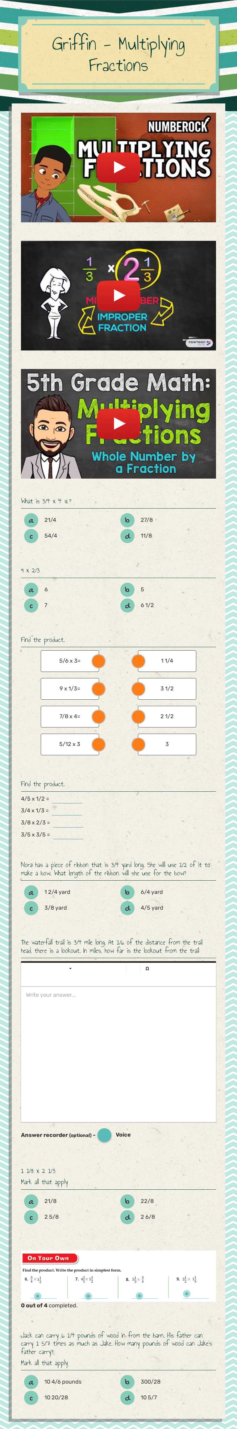 Griffin - Multiplying Fractions Grade 5 worksheet preview