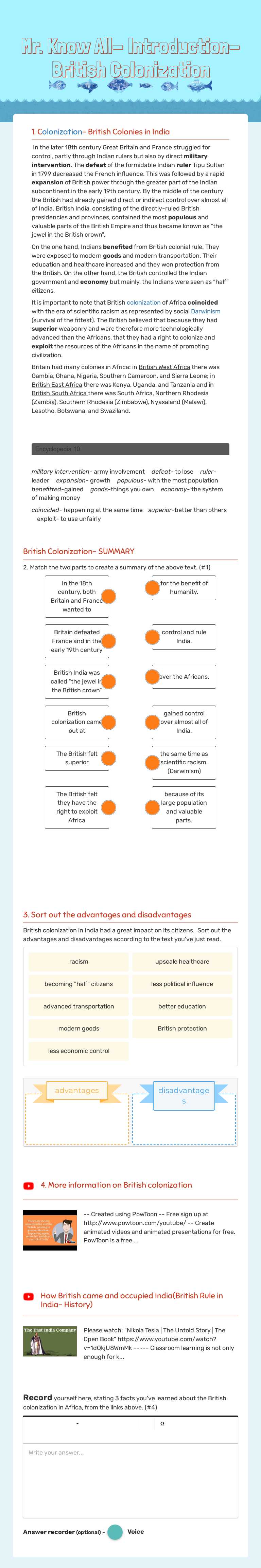 Mr. Know All- Introduction- British Colonization worksheet preview image