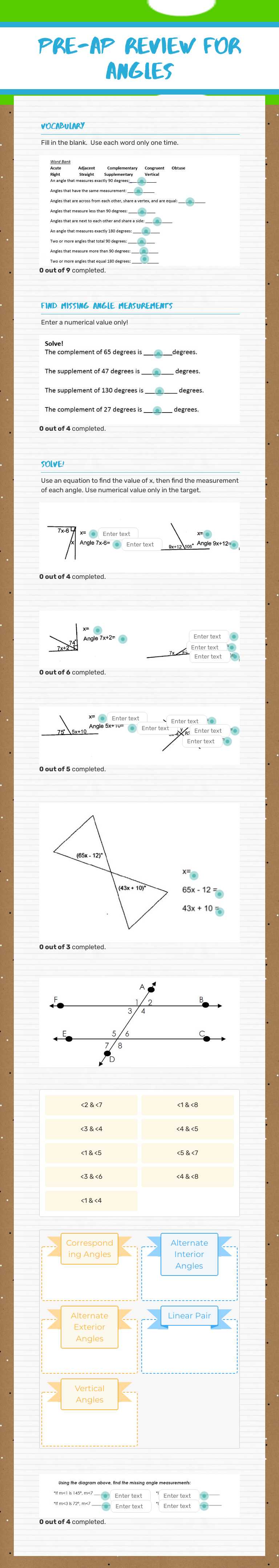 Pre-Ap Review for Angles worksheet preview image