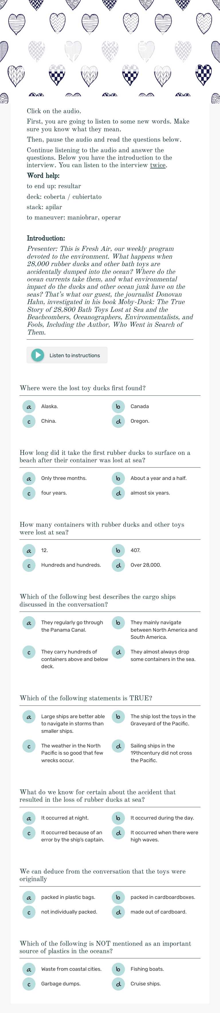 PAU listening test june 2019 Moby Duck Other worksheet preview