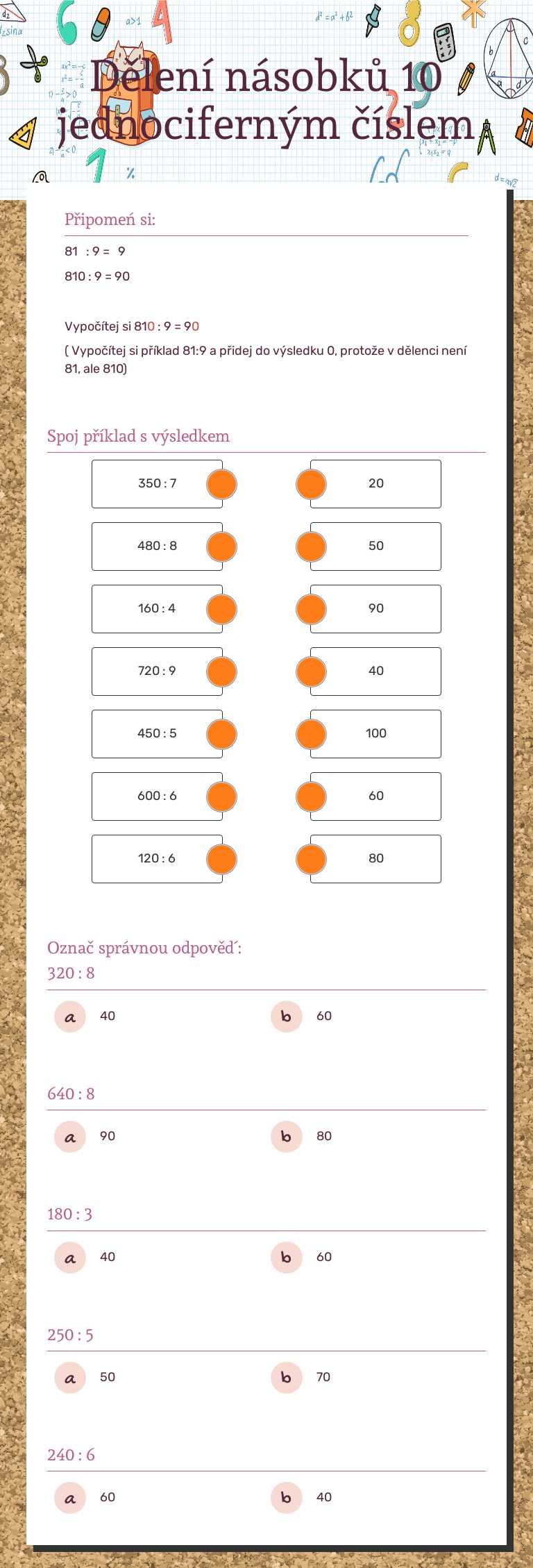 Dělení násobků 10 jednociferným číslem worksheet preview image