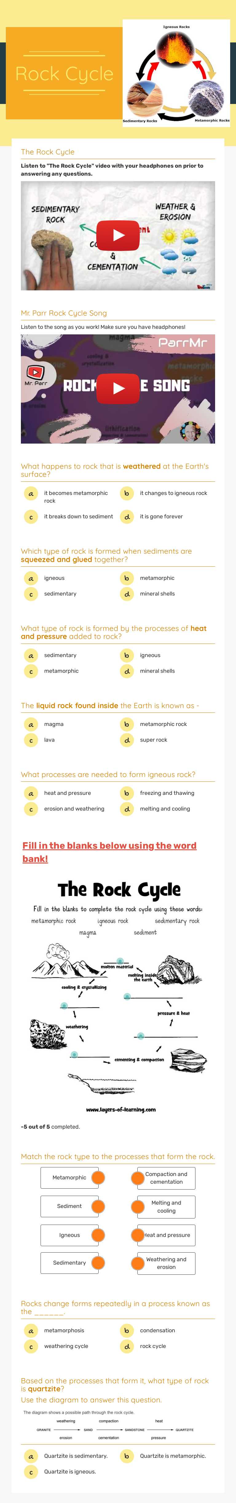 Rock Cycle Grade 6 worksheet preview