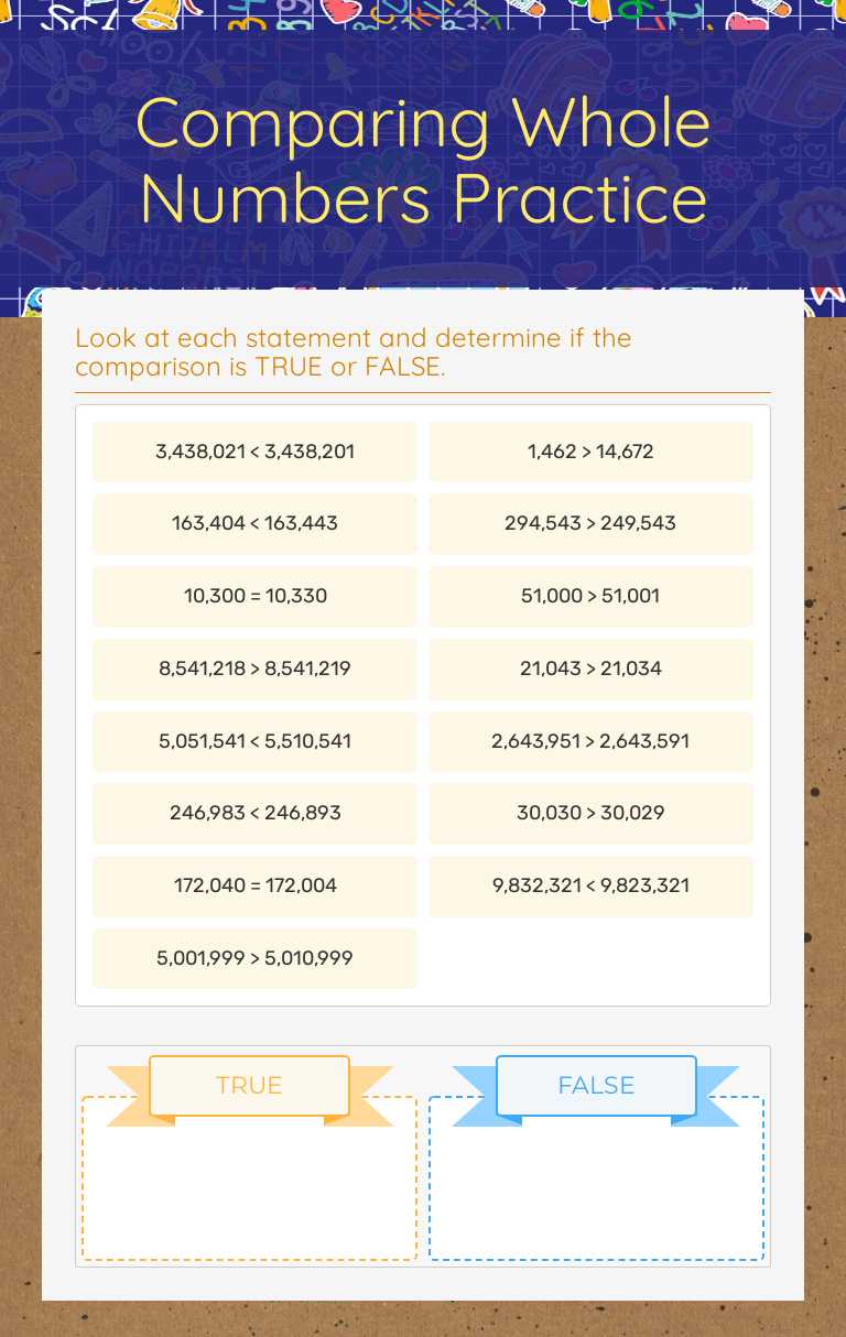 Comparing Whole Numbers Practice worksheet preview image