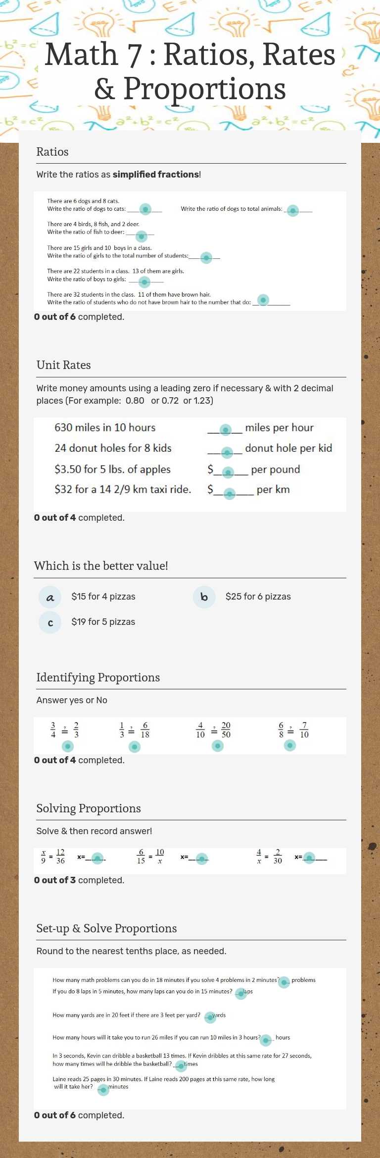Math 7 :   Ratios, Rates & Proportions worksheet preview image