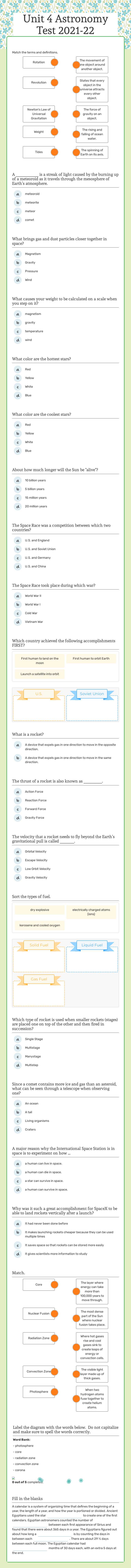 Unit 4 Astronomy Test 2021-22 worksheet preview image