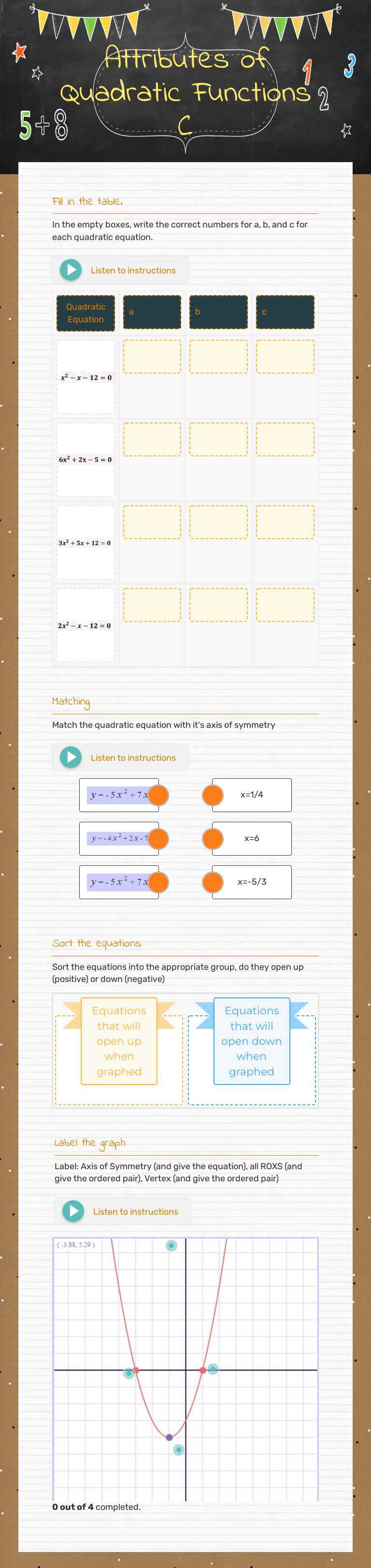 Attributes of Quadratic Functions C Grade 10 worksheet preview