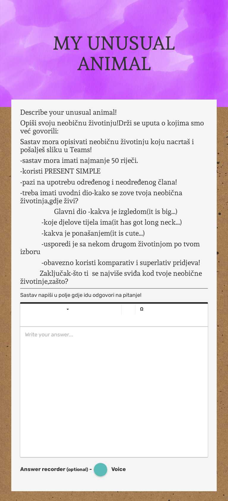MY UNUSUAL ANIMAL Grade 5 worksheet preview